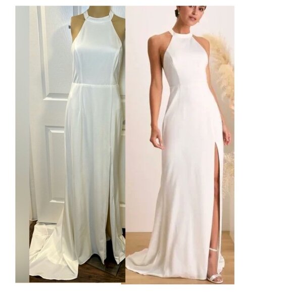 Lulus Dresses & Skirts - Lulu's Radiant Adoration White Satin Lace Backless Halter Maxi Dress Large NWOT